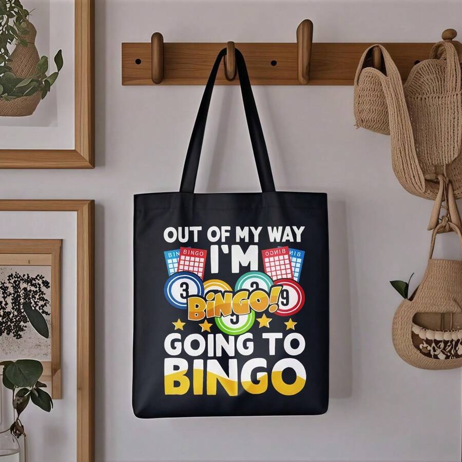 Out Of I Go To Bingo Printed Canvas Tote Bag, Casual Shoulder Bag, Lightweight Reusable Shopping Bag, Daily Commuting, Stylish Retr