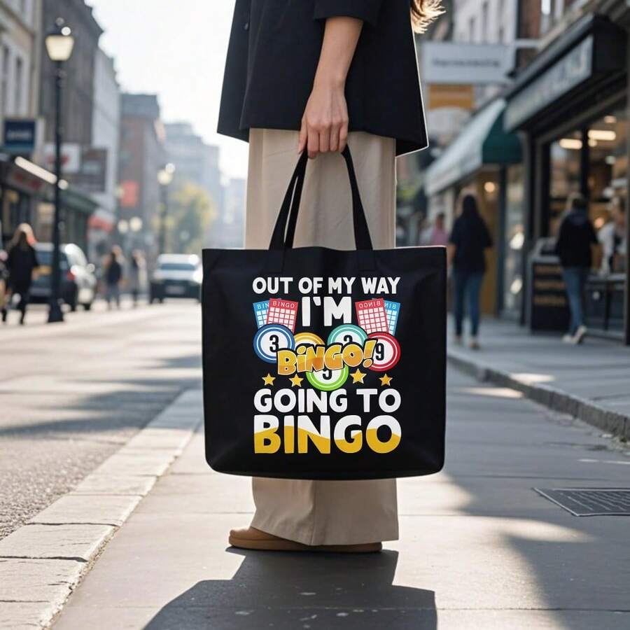 Out Of I Go To Bingo Printed Canvas Tote Bag, Casual Shoulder Bag, Lightweight Reusable Shopping Bag, Daily Commuting, Stylish Retr