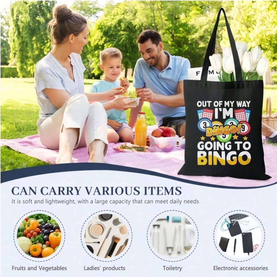 Out Of I Go To Bingo Printed Canvas Tote Bag, Casual Shoulder Bag, Lightweight Reusable Shopping Bag, Daily Commuting, Stylish Retr