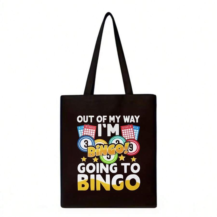 Out Of I Go To Bingo Printed Canvas Tote Bag, Casual Shoulder Bag, Lightweight Reusable Shopping Bag, Daily Commuting, Stylish Retr