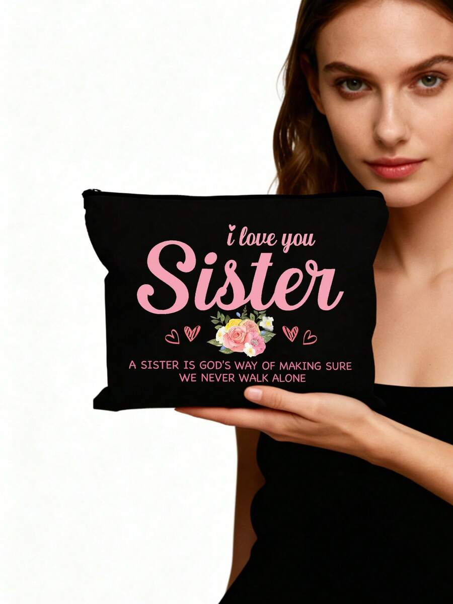 "I Love You, Sister" Black Linen Tote Bag With Yellow Trim, Matching Makeup Bag, Minimalist Jesus Lettering Print Inspirational Linen Handbag, Pink Letter And Floral Print Reusable Linen Shopping Bag