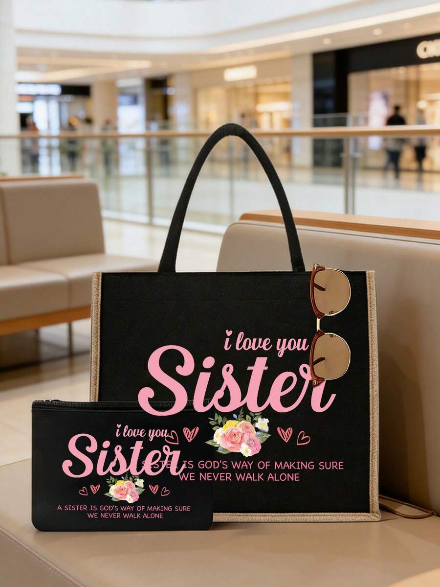 "I Love You, Sister" Black Linen Tote Bag With Yellow Trim, Matching Makeup Bag, Minimalist Jesus Lettering Print Inspirational Linen Handbag, Pink Letter And Floral Print Reusable Linen Shopping Bag