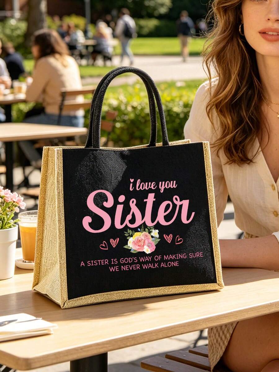 "I Love You, Sister" Black Linen Tote Bag With Yellow Trim, Matching Makeup Bag, Minimalist Jesus Lettering Print Inspirational Linen Handbag, Pink Letter And Floral Print Reusable Linen Shopping Bag