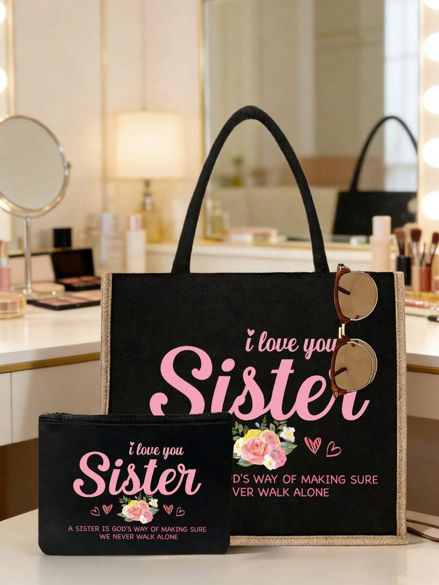 "I Love You, Sister" Black Linen Tote Bag With Yellow Trim, Matching Makeup Bag, Minimalist Jesus Lettering Print Inspirational Linen Handbag, Pink Letter And Floral Print Reusable Linen Shopping Bag