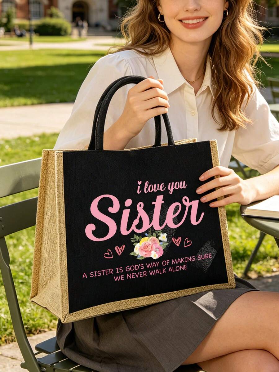 "I Love You, Sister" Black Linen Tote Bag With Yellow Trim, Matching Makeup Bag, Minimalist Jesus Lettering Print Inspirational Linen Handbag, Pink Letter And Floral Print Reusable Linen Shopping Bag