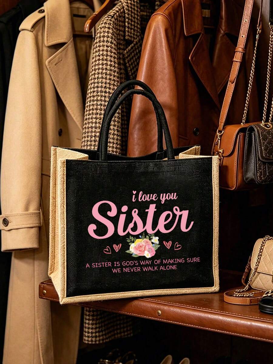 "I Love You, Sister" Black Linen Tote Bag With Yellow Trim, Matching Makeup Bag, Minimalist Jesus Lettering Print Inspirational Linen Handbag, Pink Letter And Floral Print Reusable Linen Shopping Bag