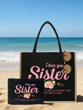 "I Love You, Sister" Black Linen Tote Bag With Yellow Trim, Matching Makeup Bag