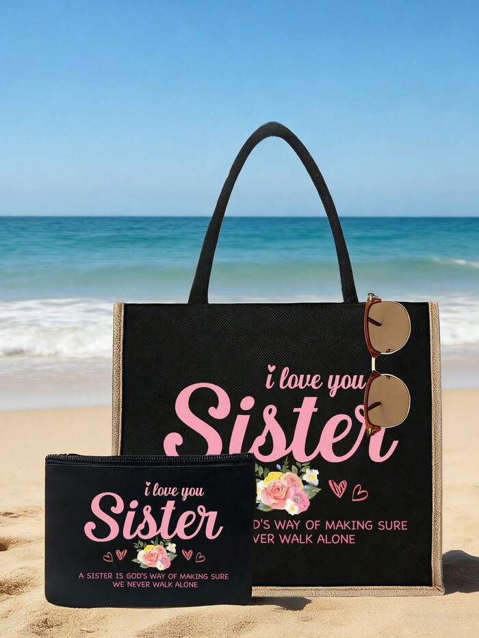 "I Love You, Sister" Black Linen Tote Bag With Yellow Trim, Matching Makeup Bag