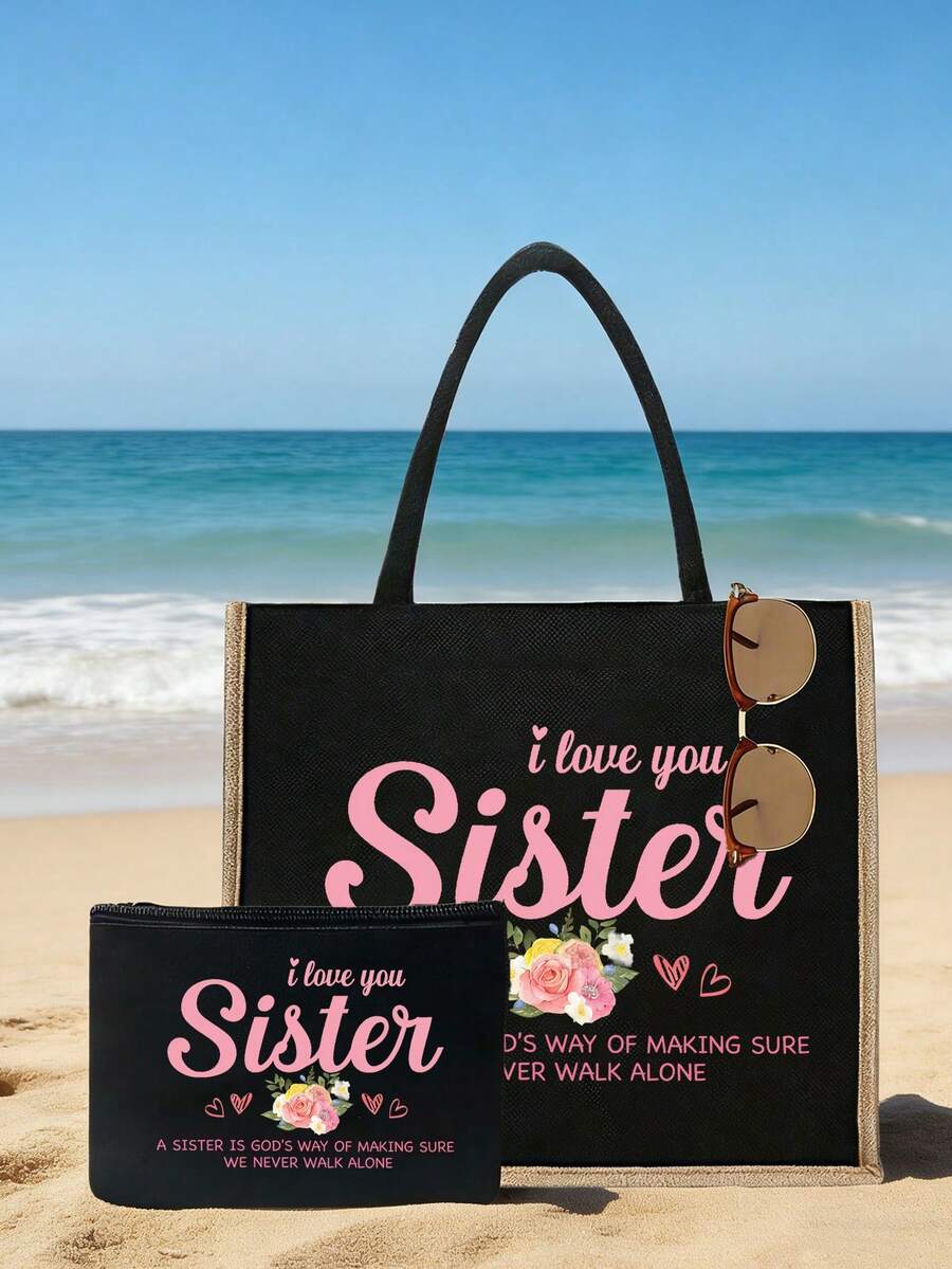 "I Love You, Sister" Black Linen Tote Bag With Yellow Trim, Matching Makeup Bag, Minimalist Jesus Lettering Print Inspirational Linen Handbag, Pink Letter And Floral Print Reusable Linen Shopping Bag