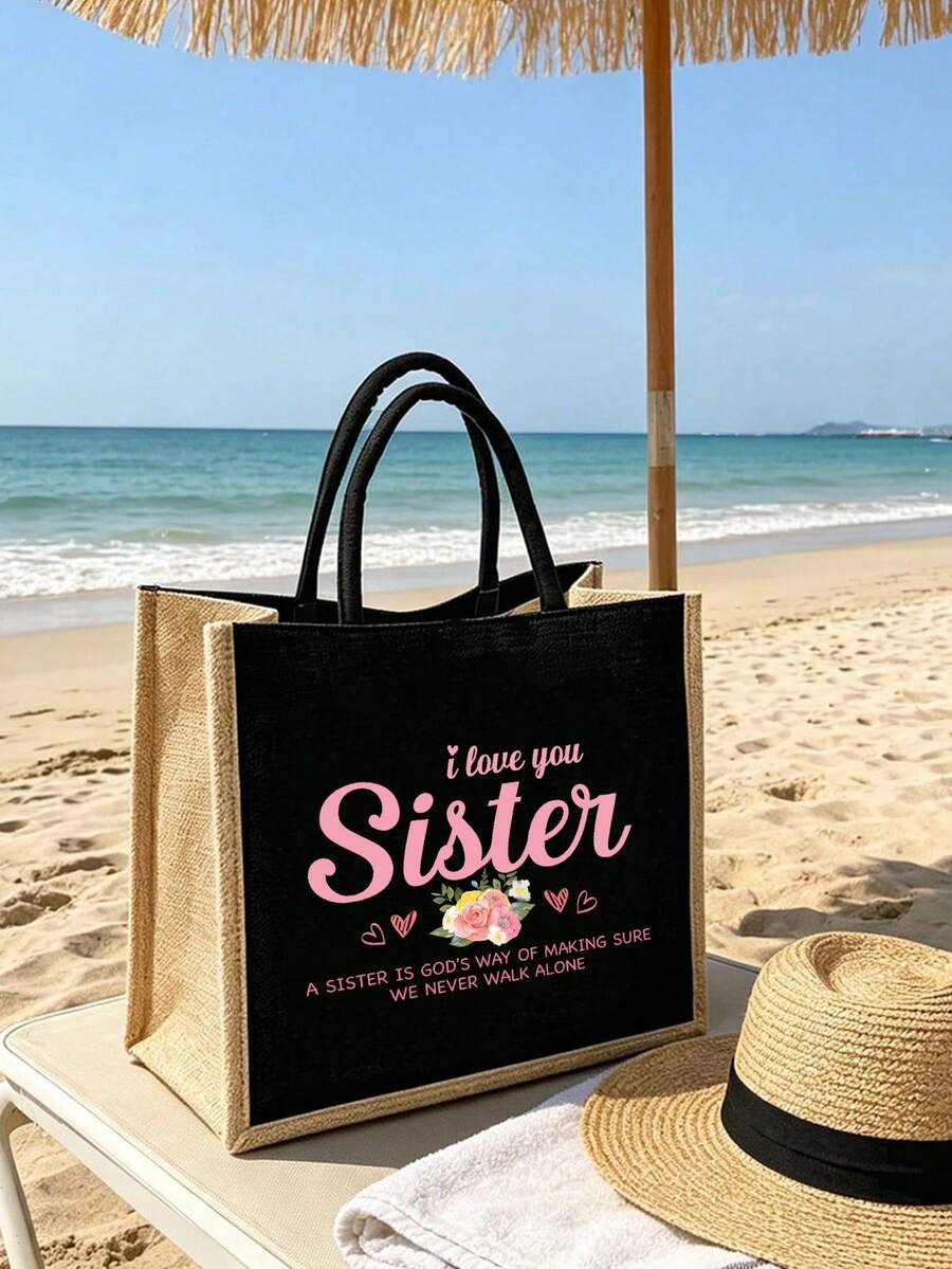 "I Love You, Sister" Black Linen Tote Bag With Yellow Trim, Matching Makeup Bag, Minimalist Jesus Lettering Print Inspirational Linen Handbag, Pink Letter And Floral Print Reusable Linen Shopping Bag