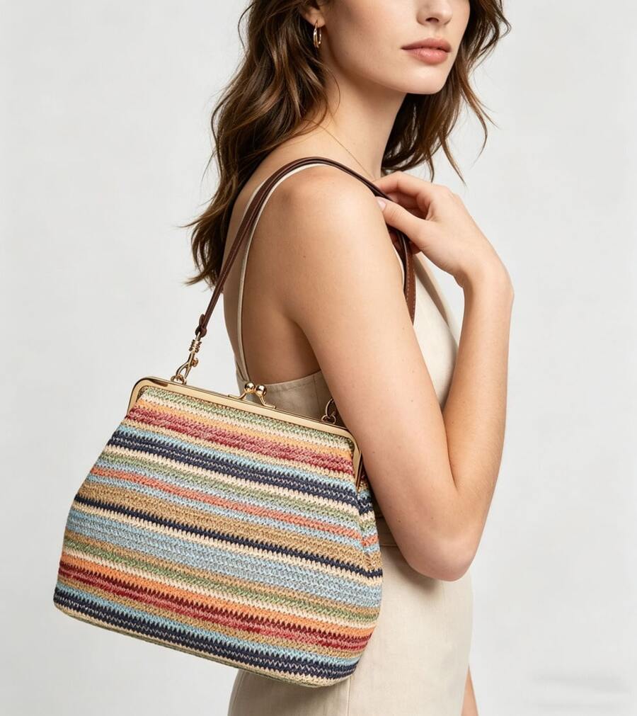 Fashionable Large Striped Clasp Shell Women's Shoulder Bag Designer PP Straw Woven Tote Bag Luxury Casual Summer Beach Woven Clutch Bag For Vacation