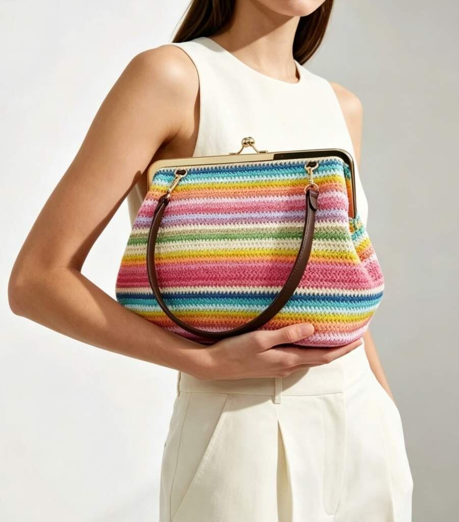 Fashionable Large Striped Clasp Shell Women's Shoulder Bag Designer PP Straw Woven Tote Bag Luxury Casual Summer Beach Woven Clutch Bag For Vacation