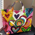 Colorful Abstract Heart Tote Bag, Artistic Brush Stroke Glossy Shoulder Handbag
