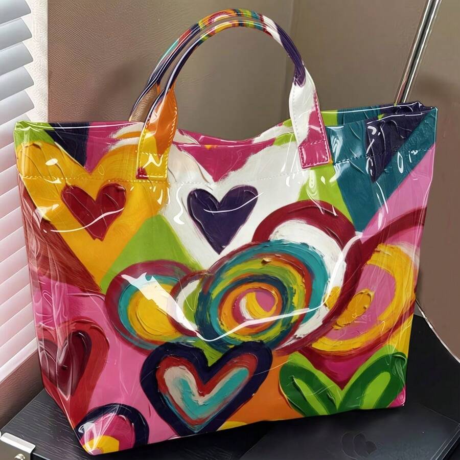 Colorful Abstract Heart Tote Bag, Artistic Brush Stroke Glossy Shoulder Handbag, Large Capacity Casual Bag For Travel, Beach & Daily Use