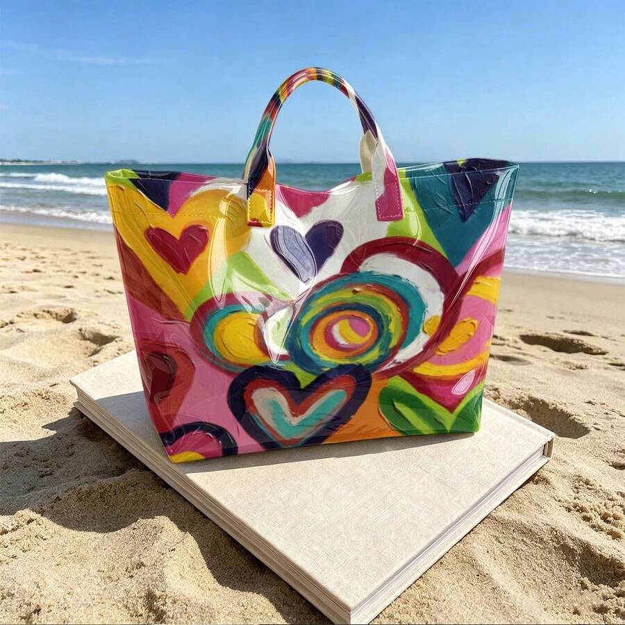 Colorful Abstract Heart Tote Bag, Artistic Brush Stroke Glossy Shoulder Handbag, Large Capacity Casual Bag For Travel, Beach & Daily Use