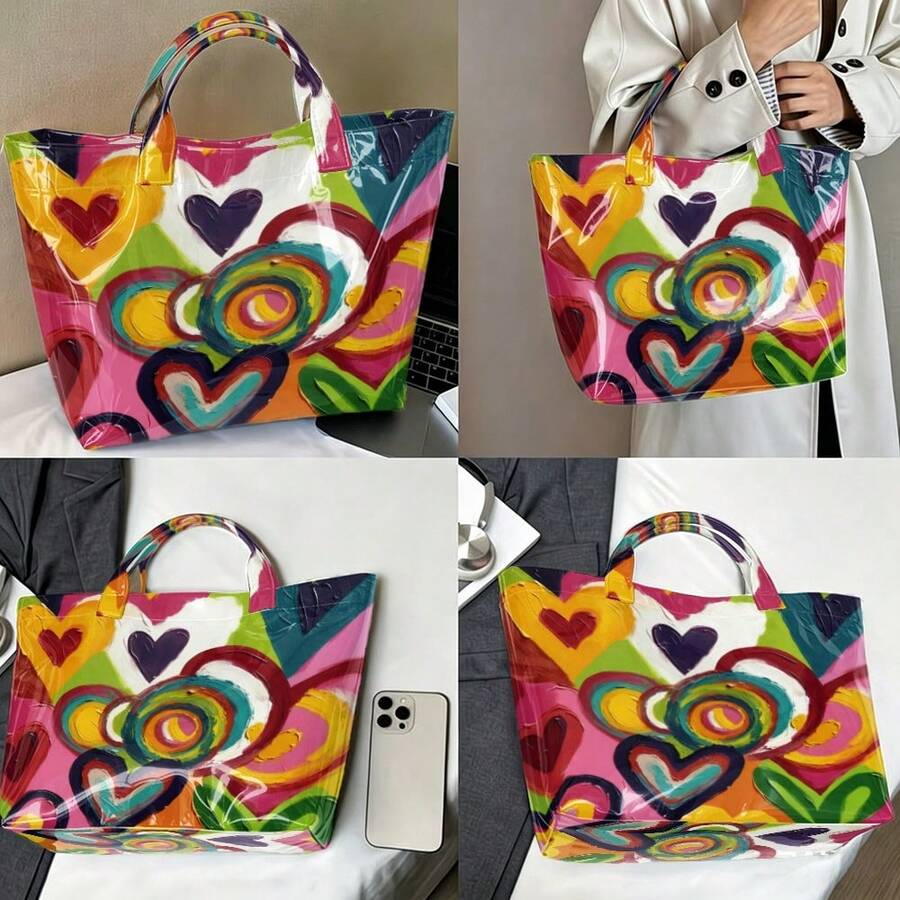 Colorful Abstract Heart Tote Bag, Artistic Brush Stroke Glossy Shoulder Handbag, Large Capacity Casual Bag For Travel, Beach & Daily Use