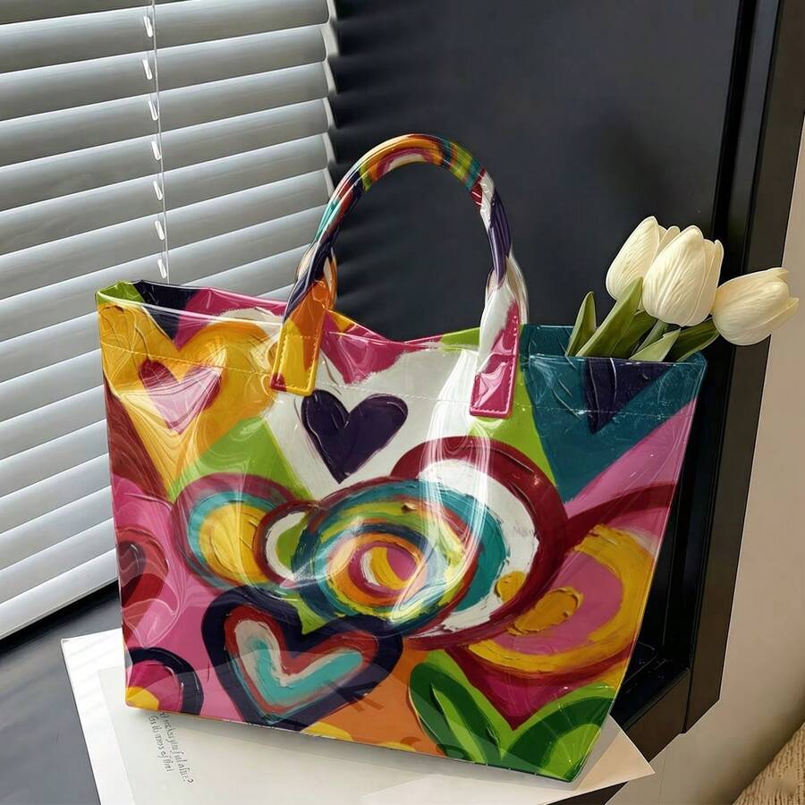 Colorful Abstract Heart Tote Bag, Artistic Brush Stroke Glossy Shoulder Handbag, Large Capacity Casual Bag For Travel, Beach & Daily Use