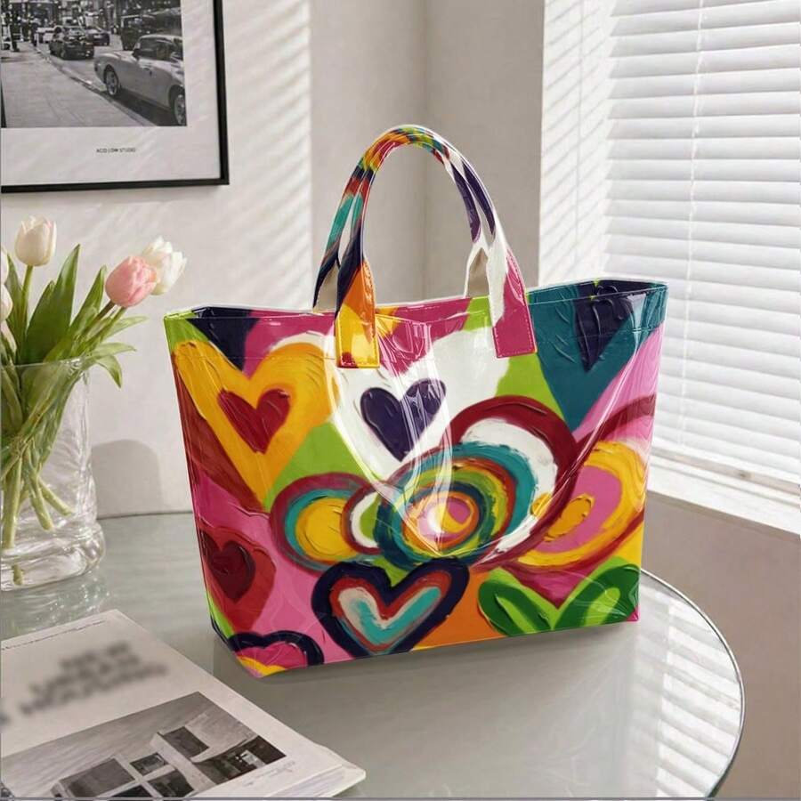 Colorful Abstract Heart Tote Bag, Artistic Brush Stroke Glossy Shoulder Handbag, Large Capacity Casual Bag For Travel, Beach & Daily Use