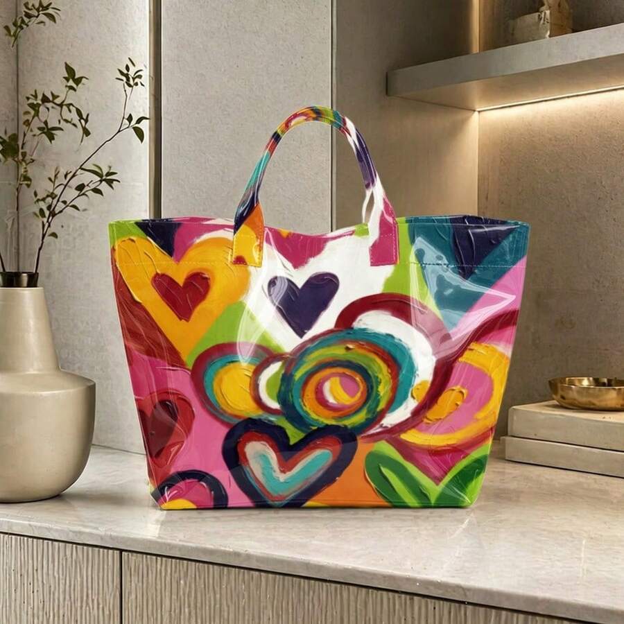 Colorful Abstract Heart Tote Bag, Artistic Brush Stroke Glossy Shoulder Handbag, Large Capacity Casual Bag For Travel, Beach & Daily Use