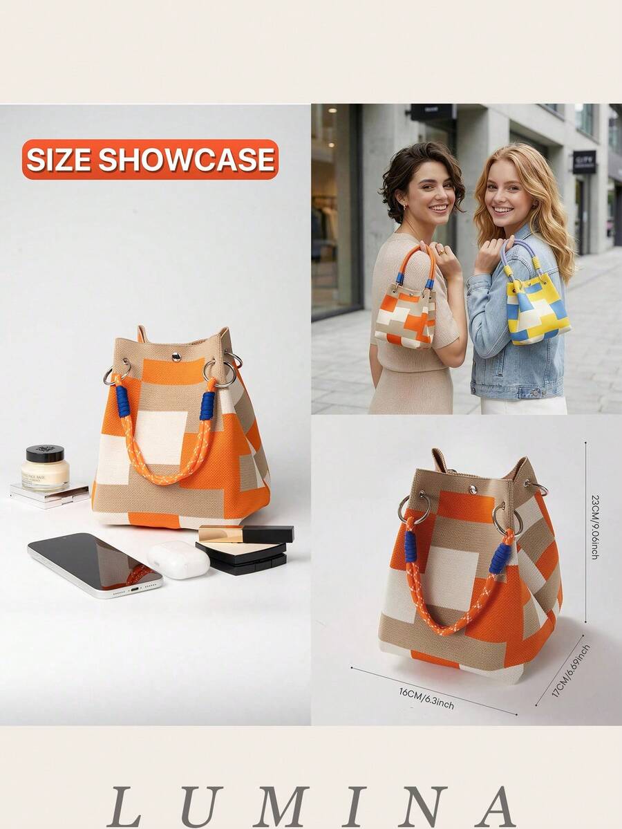 Orange Purse Colorblock Knitted Mini Bucket Tote & Handbag For Women, Summer Casual Purses And Bags Carteras Para Mujer Bolsos Para Mujer