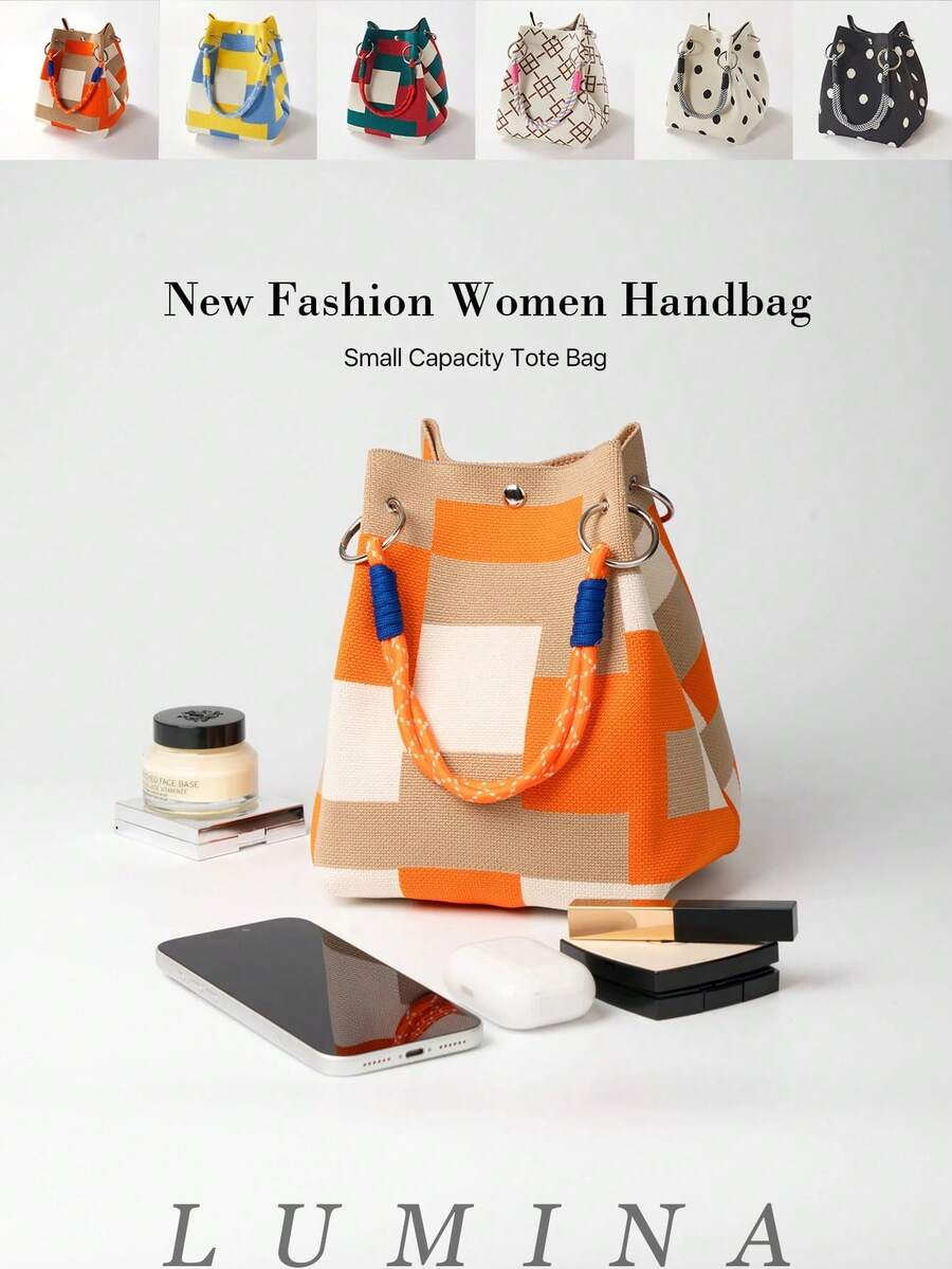 Orange Purse Colorblock Knitted Mini Bucket Tote & Handbag For Women, Summer Casual Purses And Bags Carteras Para Mujer Bolsos Para Mujer