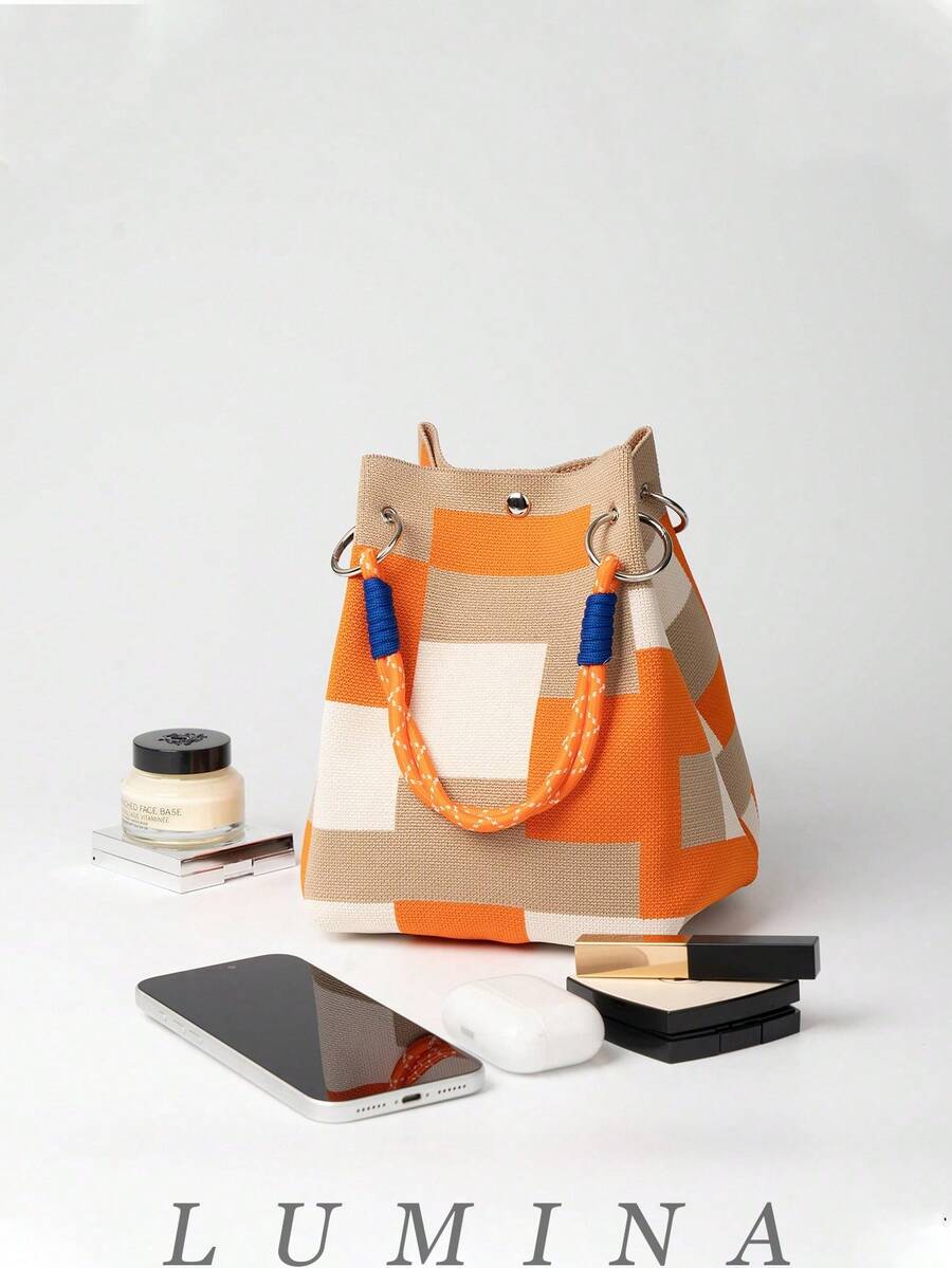Orange Purse Colorblock Knitted Mini Bucket Tote & Handbag For Women, Summer Casual Purses And Bags Carteras Para Mujer Bolsos Para Mujer