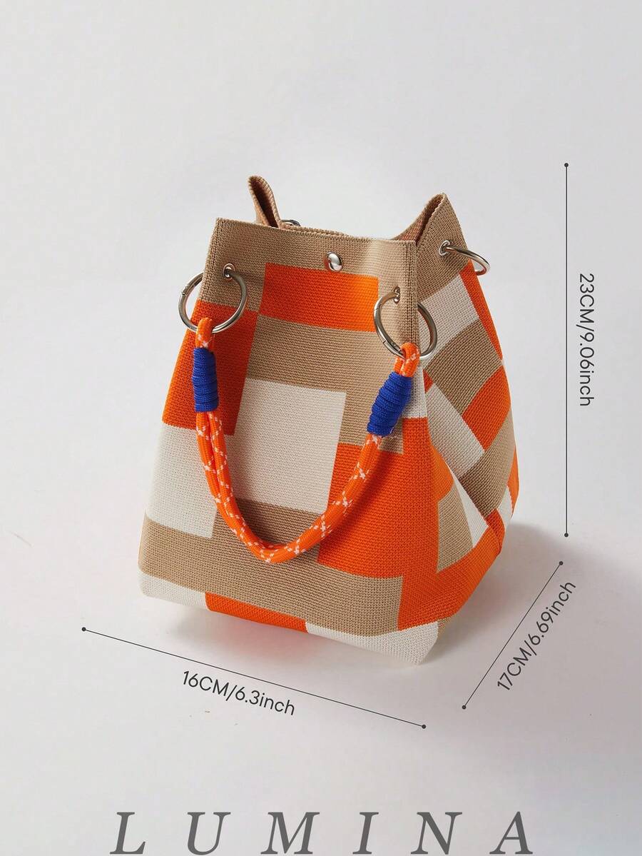 Orange Purse Colorblock Knitted Mini Bucket Tote & Handbag For Women, Summer Casual Purses And Bags Carteras Para Mujer Bolsos Para Mujer