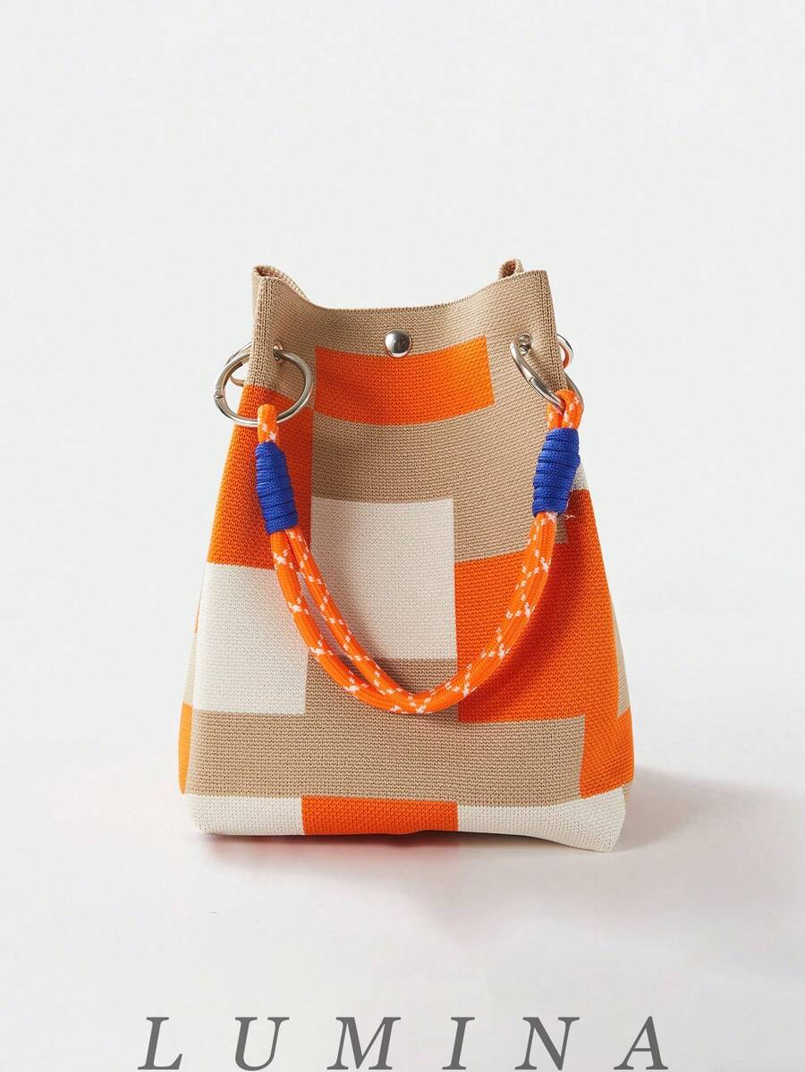 Orange Purse Colorblock Knitted Mini Bucket Tote & Handbag For Women, Summer Casual Purses And Bags Carteras Para Mujer Bolsos Para Mujer