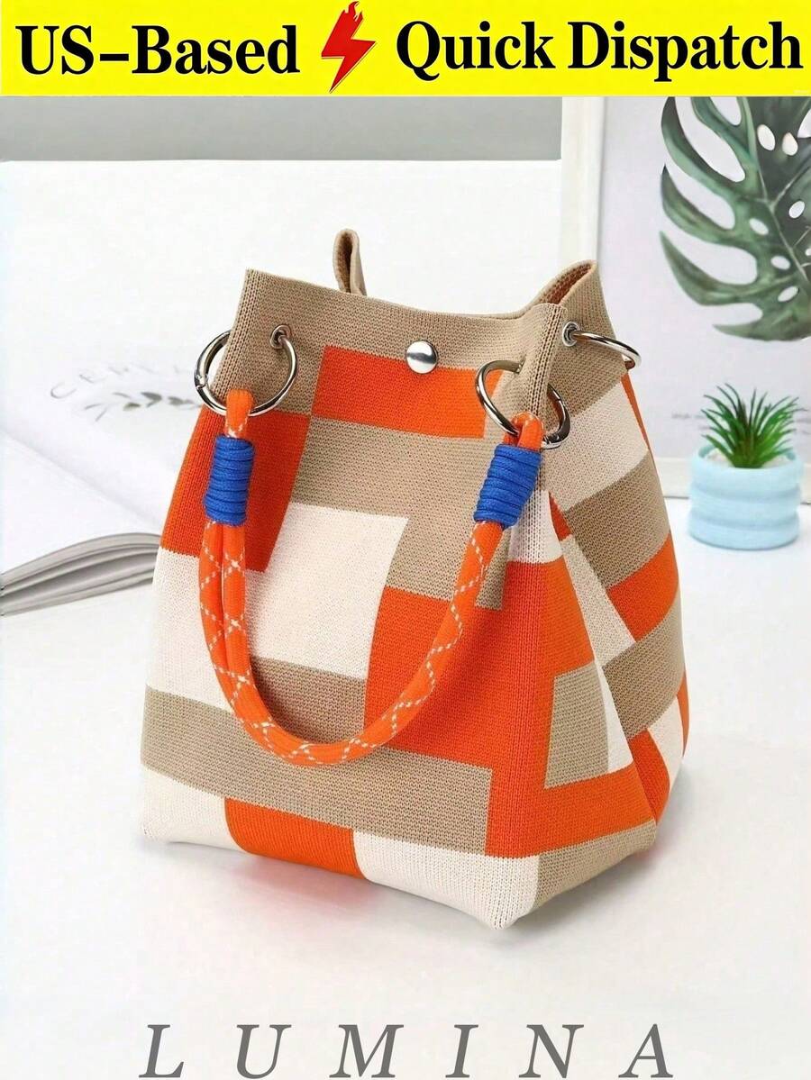 Orange Purse Colorblock Knitted Mini Bucket Tote & Handbag For Women, Summer Casual Purses And Bags Carteras Para Mujer Bolsos Para Mujer