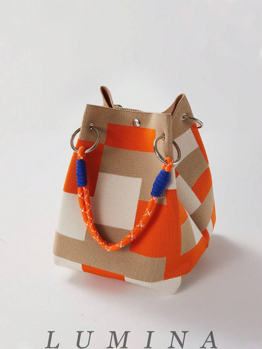 Orange Purse Colorblock Knitted Mini Bucket Tote & Handbag For Women, Summer Casual Purses And Bags Carteras Para Mujer Bolsos Para Mujer