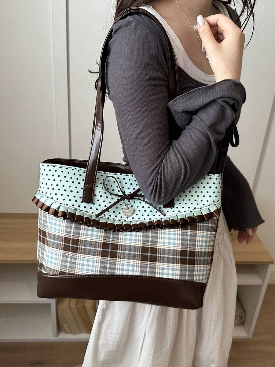 Korean Style Niche Polka Dot Plaid Tote Bag, Mint Chocolate New Fashion Versatile Large Capacity Underarm Shoulder Bag