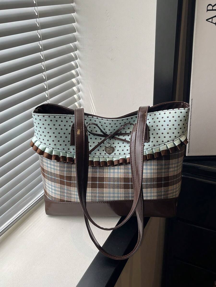 Korean Style Niche Polka Dot Plaid Tote Bag, Mint Chocolate New Fashion Versatile Large Capacity Underarm Shoulder Bag