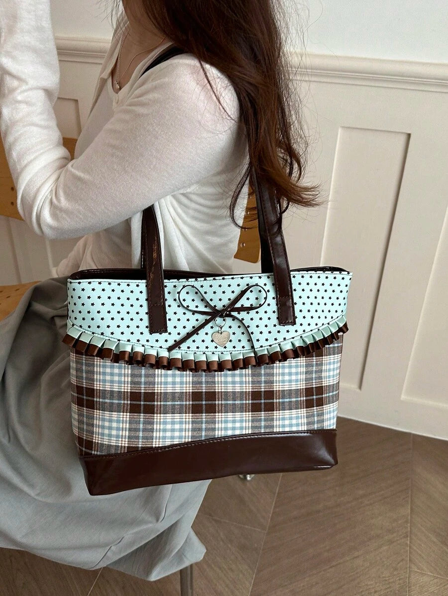 Korean Style Niche Polka Dot Plaid Tote Bag, Mint Chocolate New Fashion Versatile Large Capacity Underarm Shoulder Bag