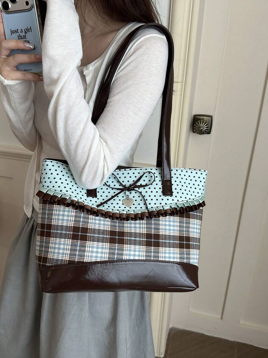 Korean Style Niche Polka Dot Plaid Tote Bag, Mint Chocolate New Fashion Versatile Large Capacity Underarm Shoulder Bag