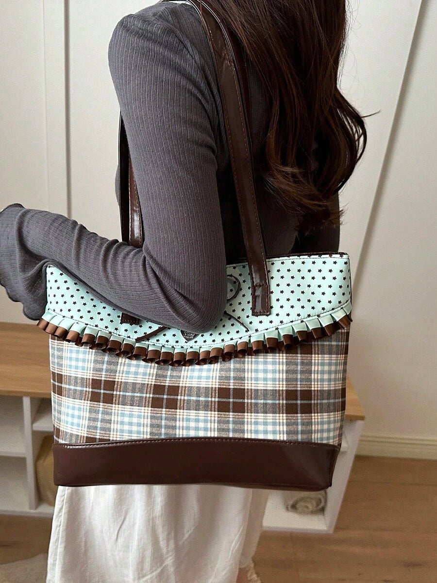 Korean Style Niche Polka Dot Plaid Tote Bag, Mint Chocolate New Fashion Versatile Large Capacity Underarm Shoulder Bag