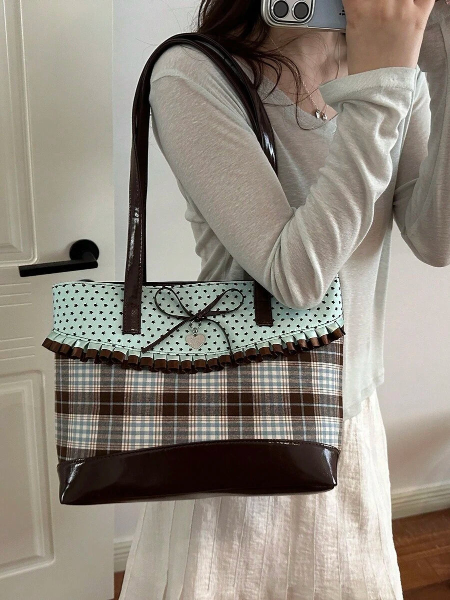 Korean Style Niche Polka Dot Plaid Tote Bag, Mint Chocolate New Fashion Versatile Large Capacity Underarm Shoulder Bag
