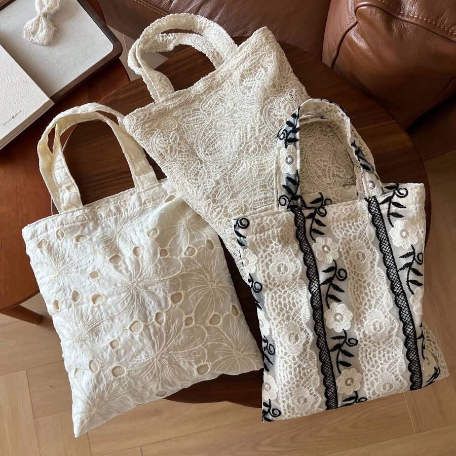 Lace Tote Bag For Women, Floral Embroidery Shoulder Bag, Vintage Hollow Out Canvas Handbag, Casual Shopping Purse