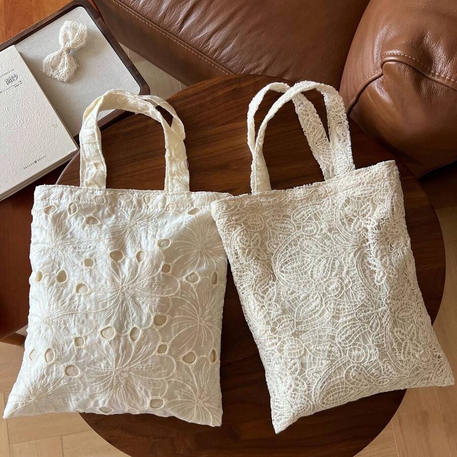 Lace Tote Bag For Women, Floral Embroidery Shoulder Bag, Vintage Hollow Out Canvas Handbag, Casual Shopping Purse