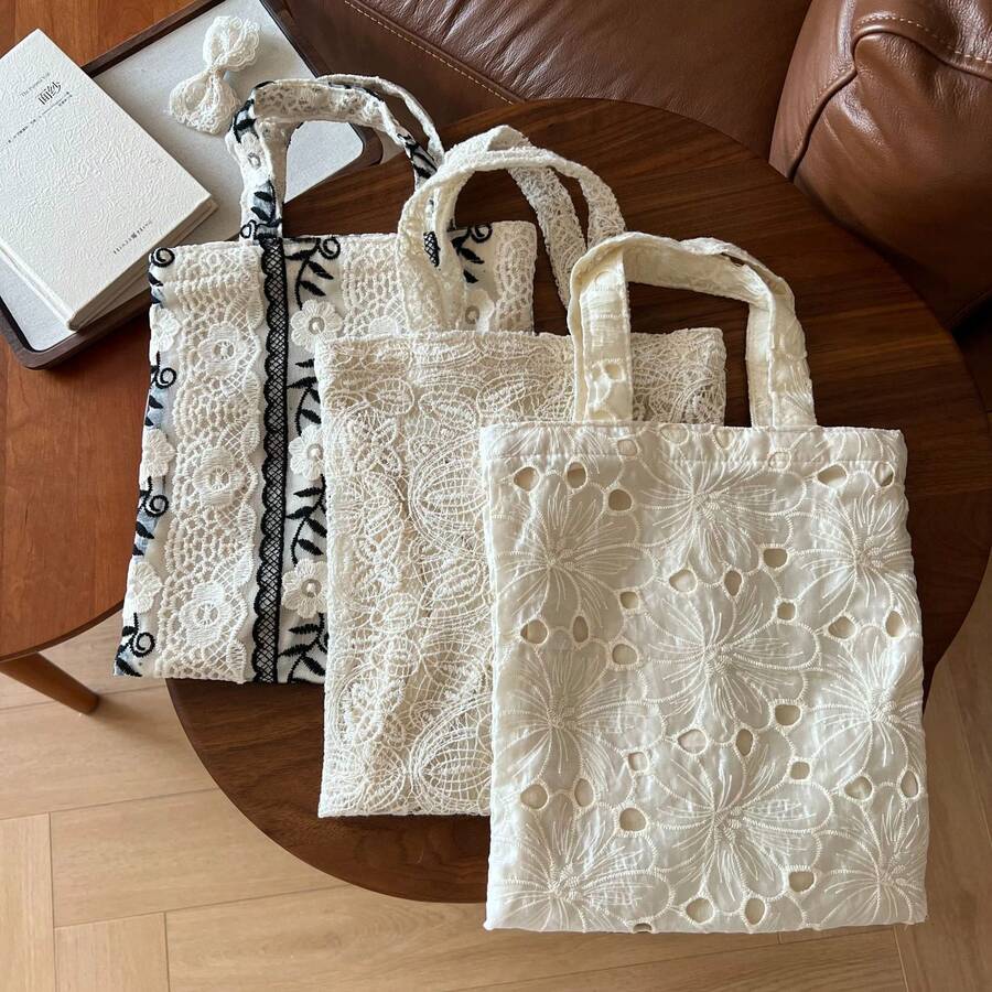Lace Tote Bag For Women, Floral Embroidery Shoulder Bag, Vintage Hollow Out Canvas Handbag, Casual Shopping Purse