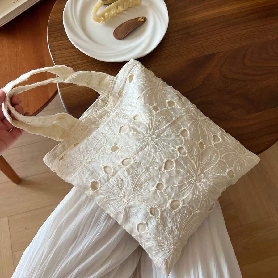 Lace Tote Bag For Women, Floral Embroidery Shoulder Bag, Vintage Hollow Out Canvas Handbag, Casual Shopping Purse