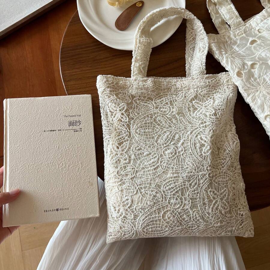 Lace Tote Bag For Women, Floral Embroidery Shoulder Bag, Vintage Hollow Out Canvas Handbag, Casual Shopping Purse