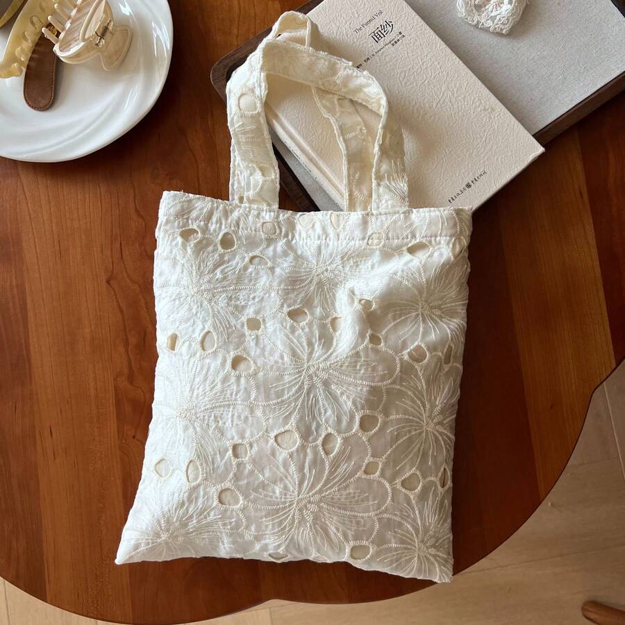 Lace Tote Bag For Women, Floral Embroidery Shoulder Bag, Vintage Hollow Out Canvas Handbag, Casual Shopping Purse