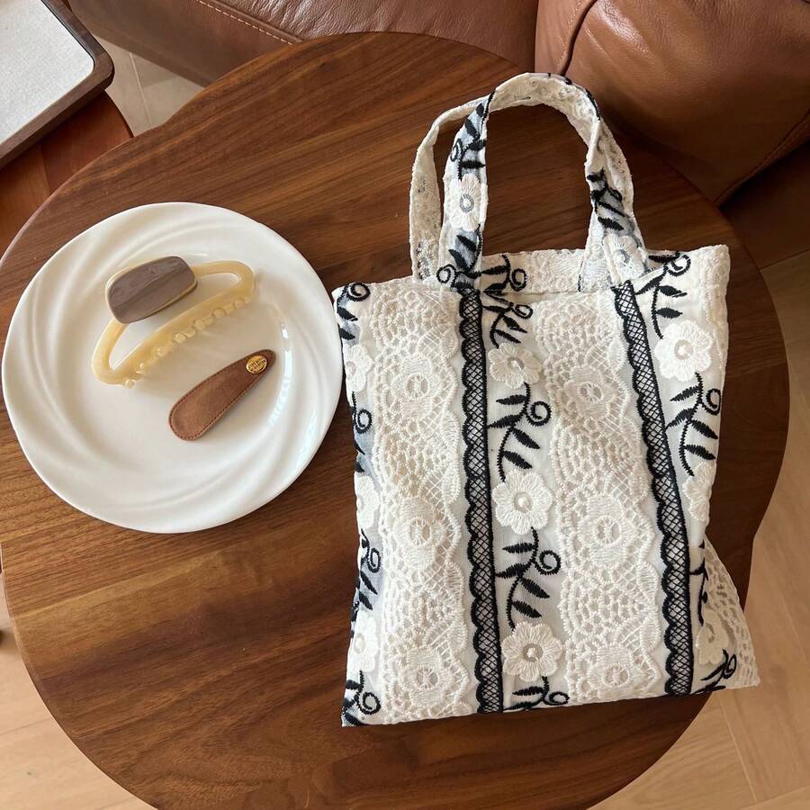 Lace Tote Bag For Women, Floral Embroidery Shoulder Bag, Vintage Hollow Out Canvas Handbag, Casual Shopping Purse