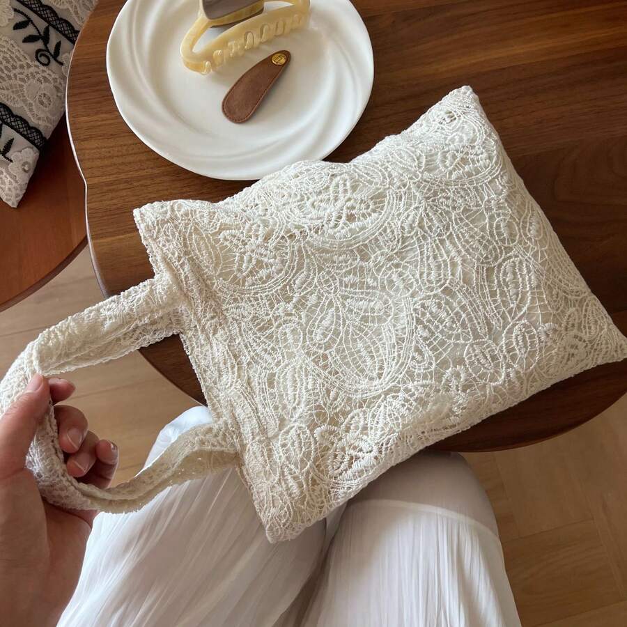 Lace Tote Bag For Women, Floral Embroidery Shoulder Bag, Vintage Hollow Out Canvas Handbag, Casual Shopping Purse
