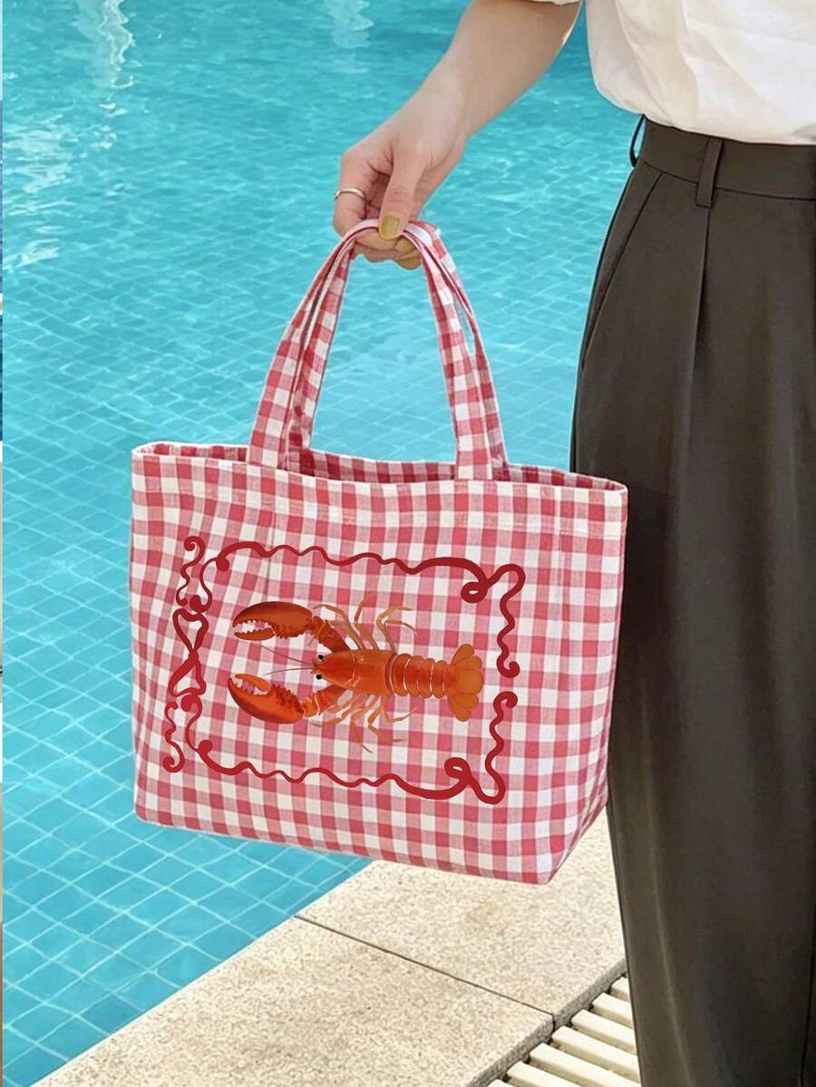 Plaid Women's Handbag With Lobster Print, Tote Bag, Handbag Suitable For Women, Casual Aesthetic Shoulder Bag, Cute Small Book Handbag, Portable Reusable Grocery Shopping Bag, Paired With Plaid Makeup
