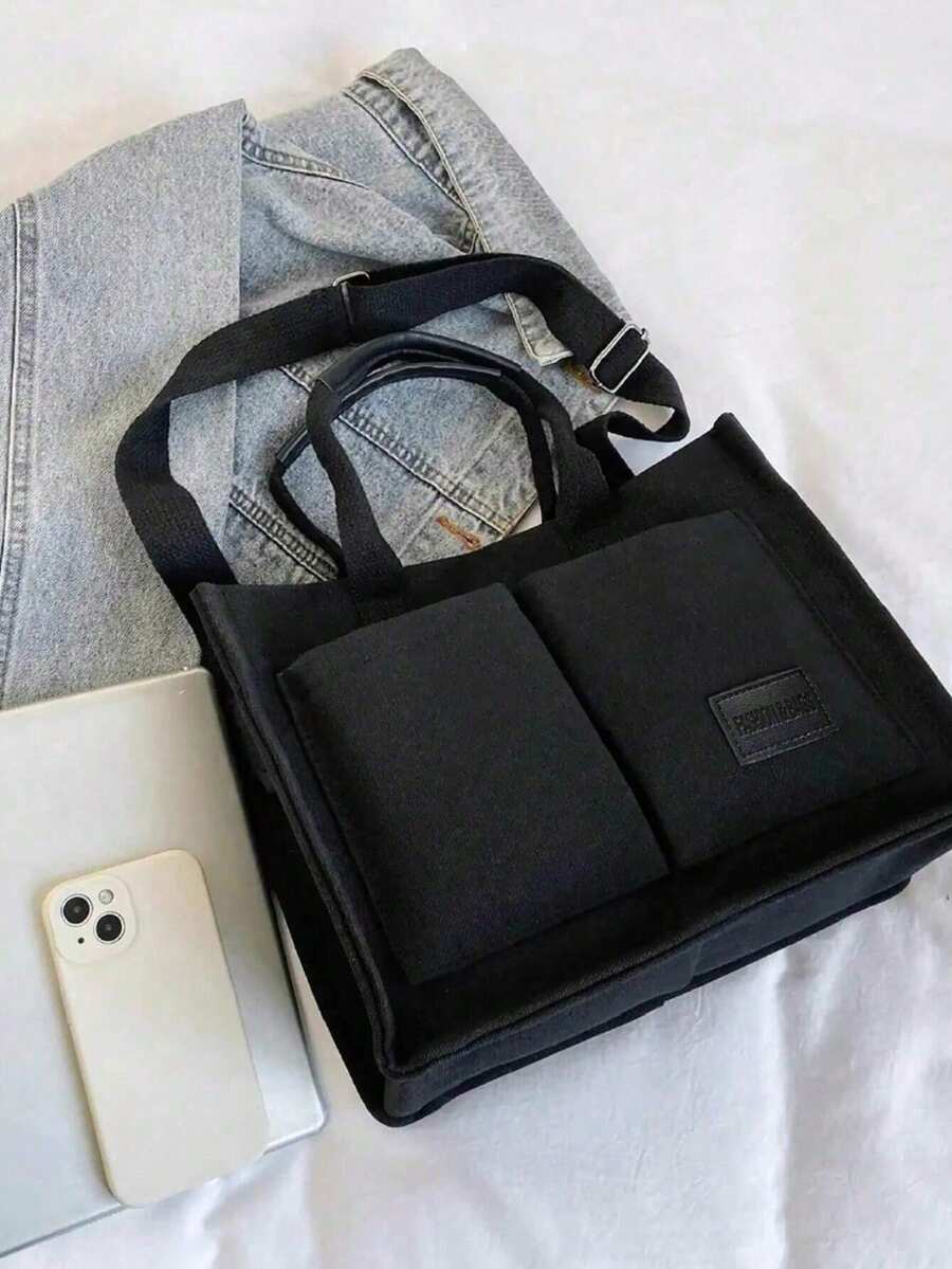 Black Canvas Multi-Pocket Tote Bag For Women, Top Handle Crossbody Shoulder Bag,Ladies Bags For Summer Beach Work School Daily Casual Outfits