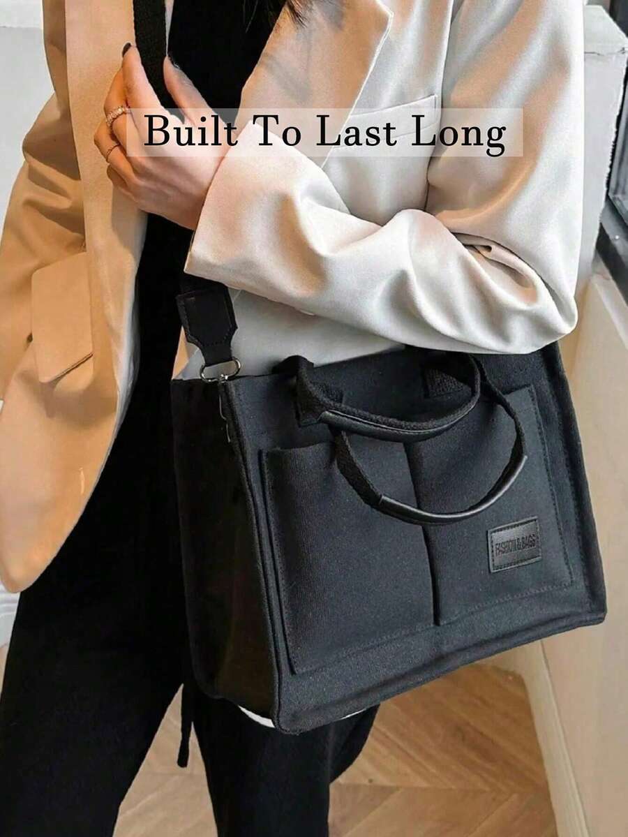 Black Canvas Multi-Pocket Tote Bag For Women, Top Handle Crossbody Shoulder Bag,Ladies Bags For Summer Beach Work School Daily Casual Outfits