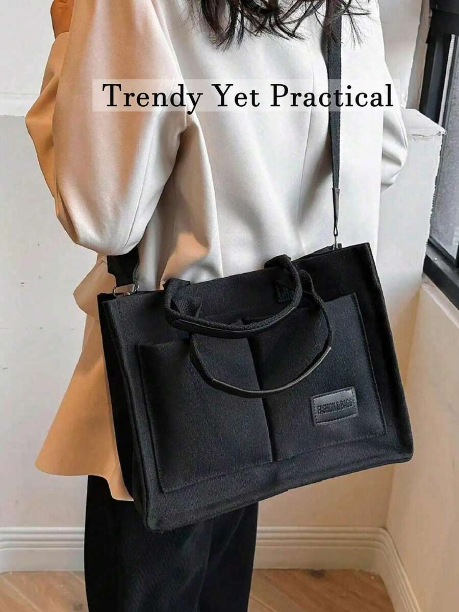 Black Canvas Multi-Pocket Tote Bag For Women, Top Handle Crossbody Shoulder Bag,Ladies Bags For Summer Beach Work School Daily Casual Outfits