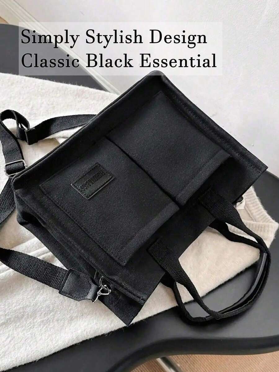 Black Canvas Multi-Pocket Tote Bag For Women, Top Handle Crossbody Shoulder Bag,Ladies Bags For Summer Beach Work School Daily Casual Outfits