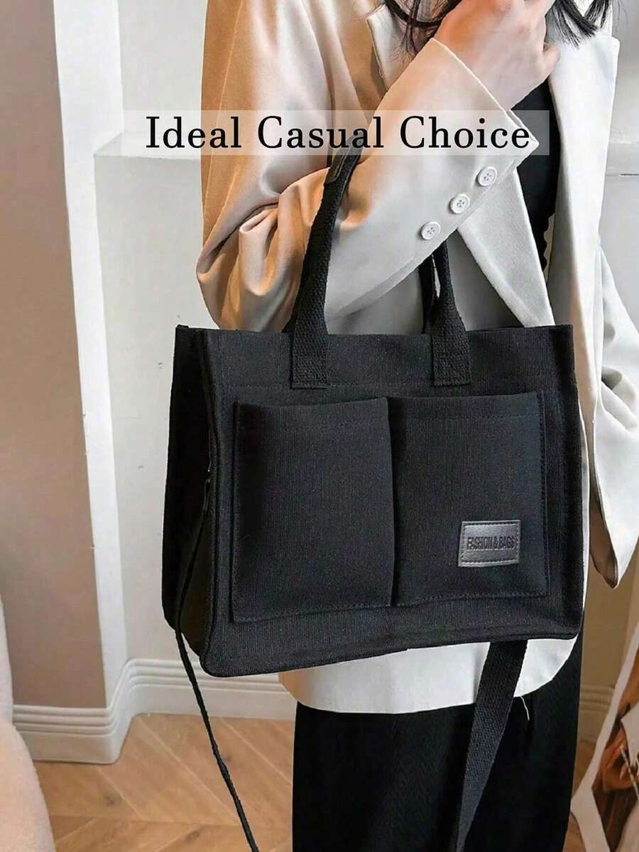 Black Canvas Multi-Pocket Tote Bag For Women, Top Handle Crossbody Shoulder Bag,Ladies Bags For Summer Beach Work School Daily Casual Outfits